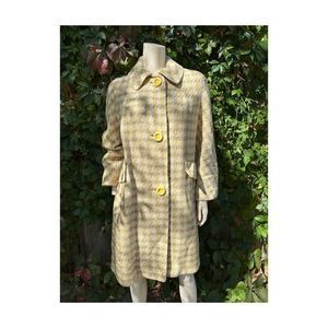 60s Mod Dress Coat Wool Tweed Yellow Blue Cream Single Breast Peter Pan Collar